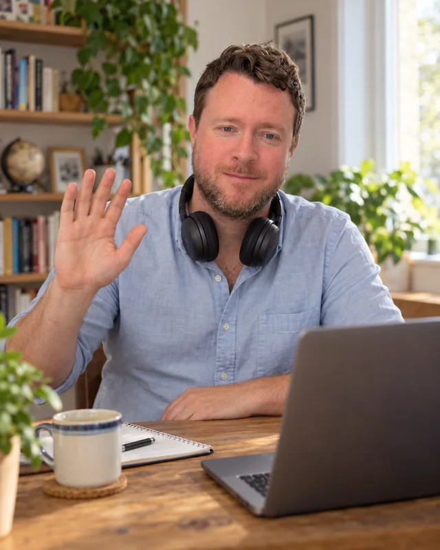 Illustration: James waving at the start of an online lesson