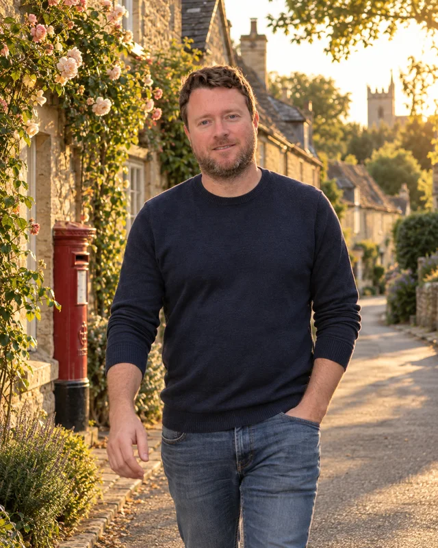 Illustration: James walking through an English village