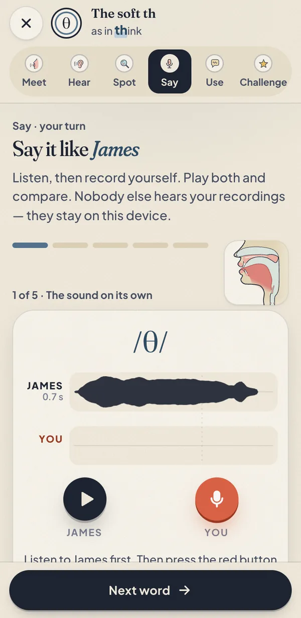 The Say step in the app: my recording of the soft th and an empty line for yours, with a red button to record yourself.