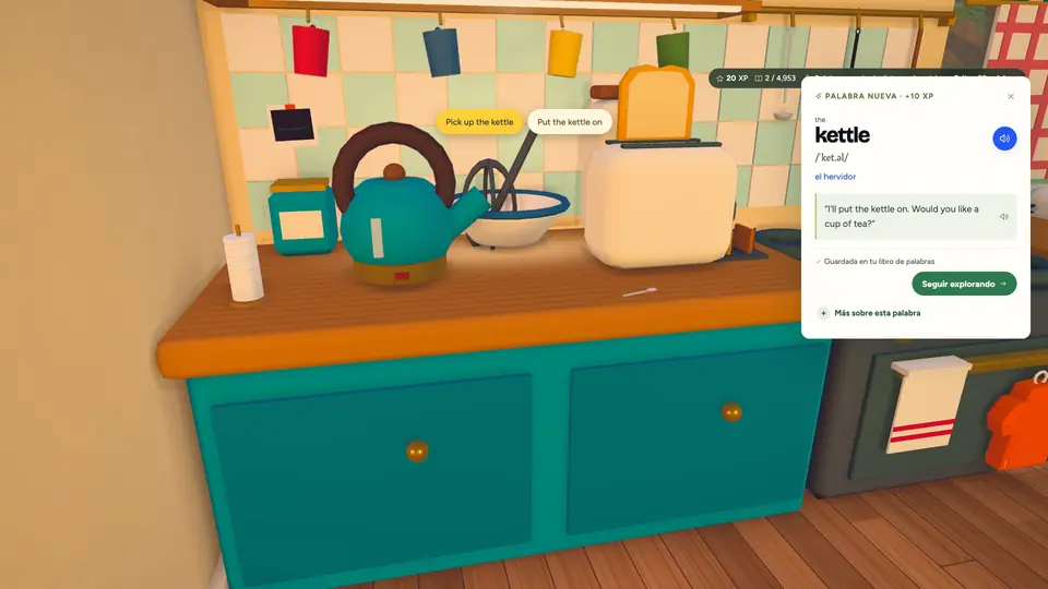 A cottage kitchen in the game. The kettle is clicked and its word card opens: kettle, with an example sentence.