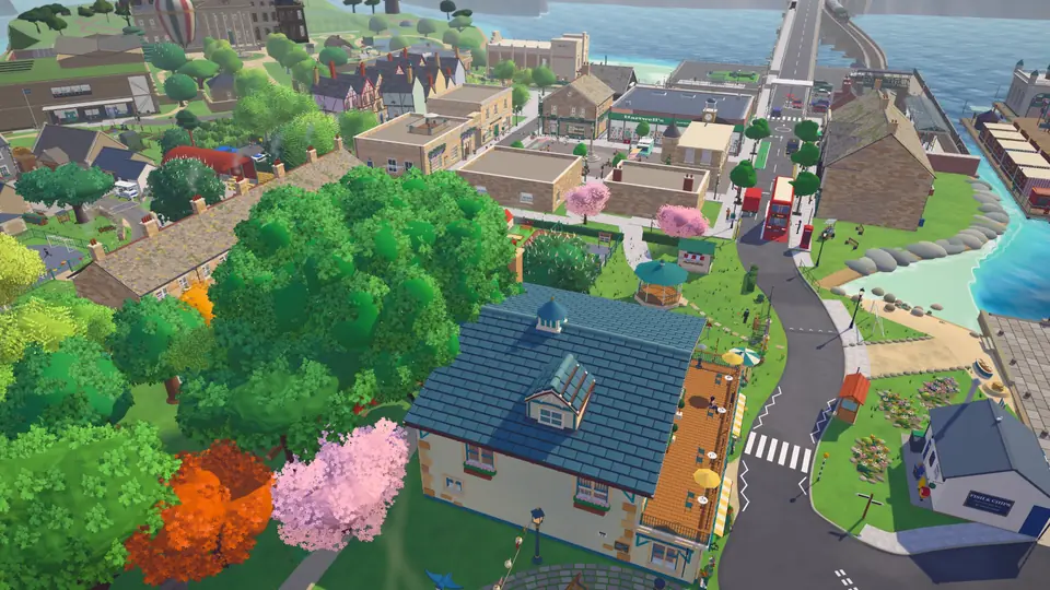 The village square in the morning: a stone fountain, a pink blossom tree and cottages. The camera rises over the rooftops.