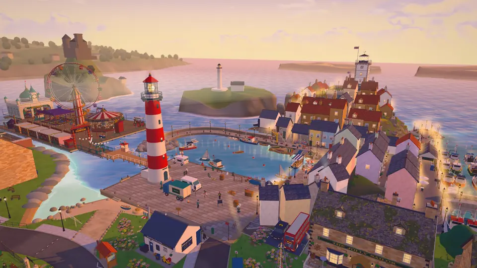 The view from the Coastwatch Tower at golden hour: red roofs, the harbour, a red and white lighthouse, a big wheel and the sea.