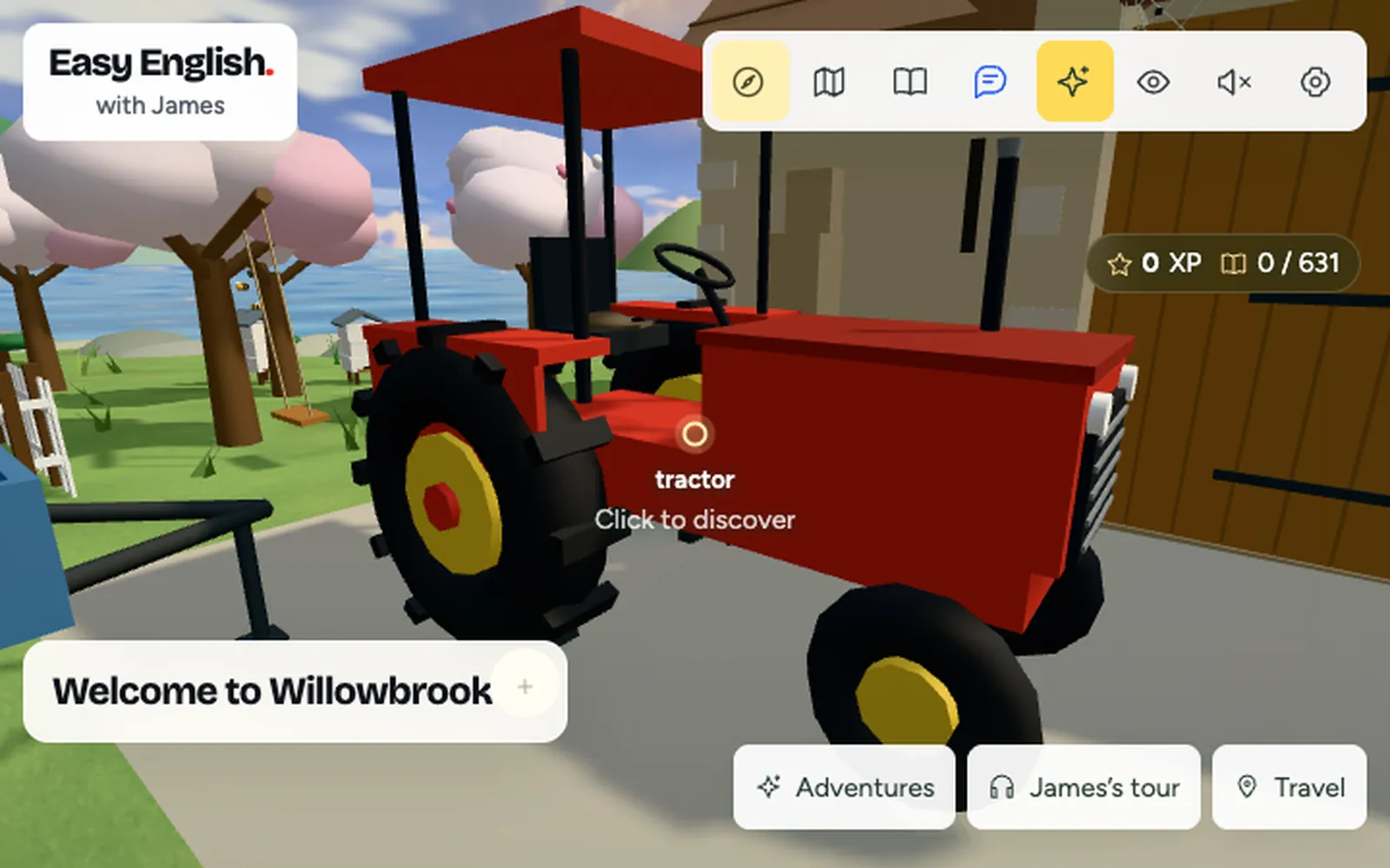 Clicking a tractor in Willowbrook shows its name
