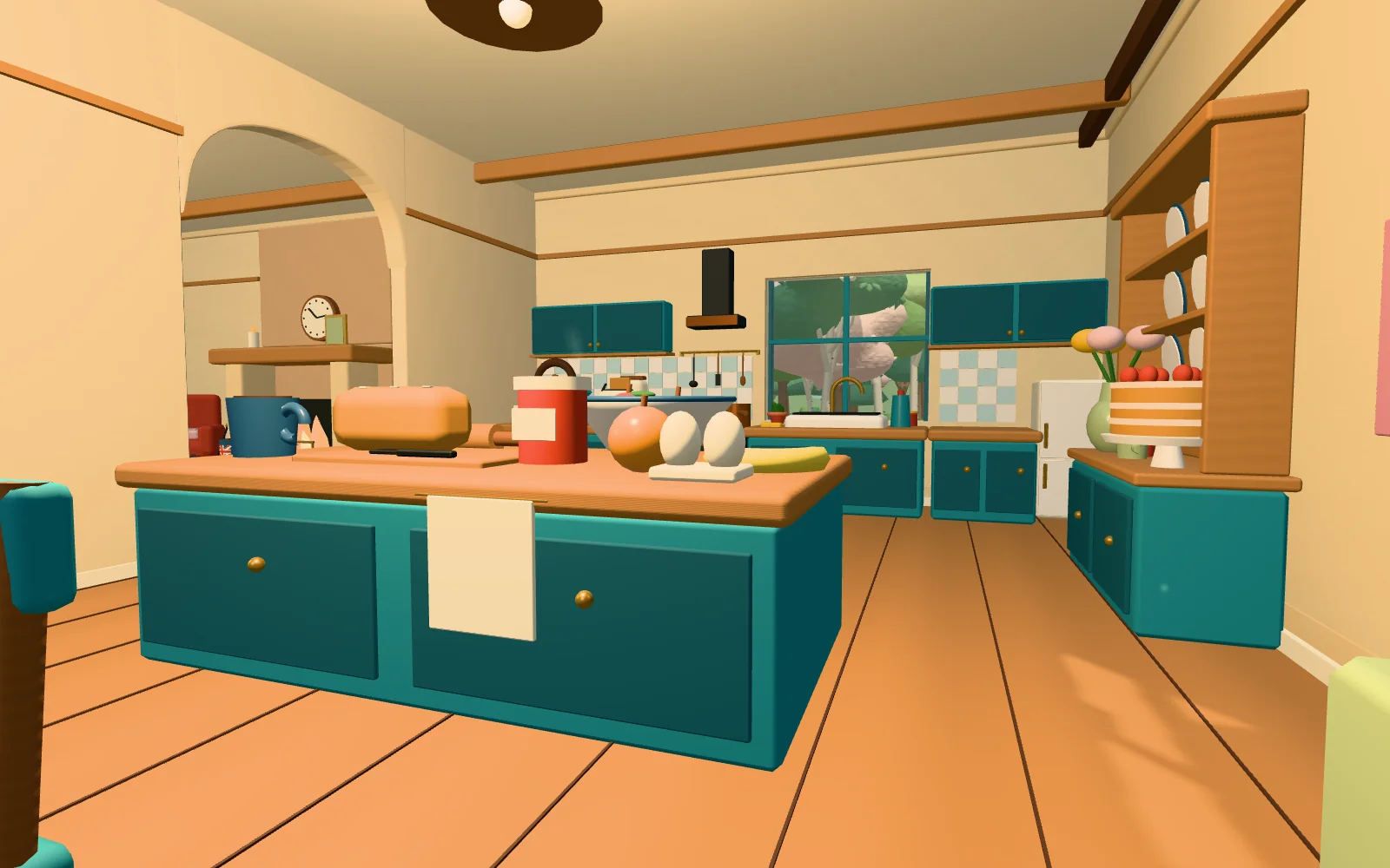 A cosy cottage kitchen in Willowbrook with a mug, toaster, bread bin, sink, fridge and more