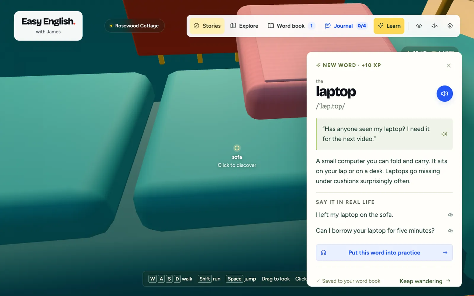 A word card for laptop with an example, an explanation and real-life sentences
