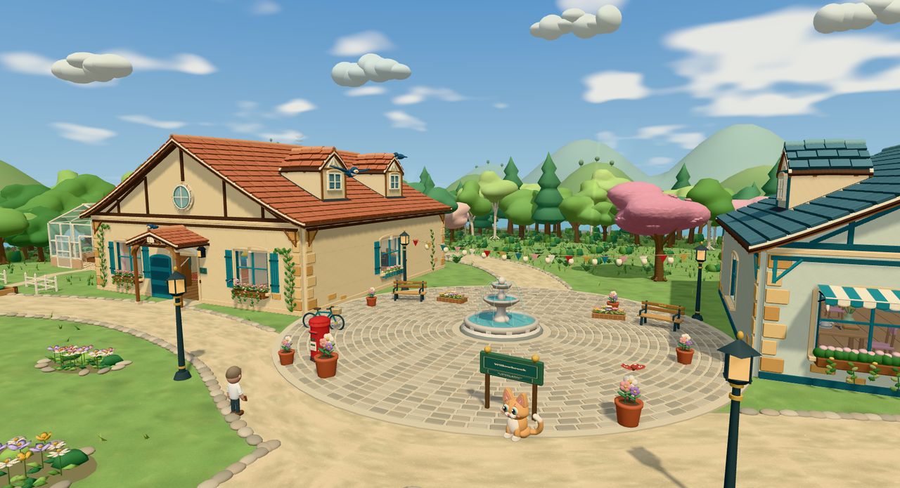 The village square in Willowbrook, with cottages, a fountain and a cat